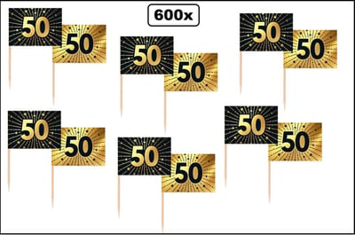 600x Cocktailprikkers 50 jaar goud/zwart - Vlag prikker Jubileum verjaardag thema feest koperen bruiloft cocktail prikker