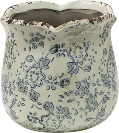 Keramiek Bloempot voor Binnen – Grijs Bloemen – Rustieke Pot – Ø 12 cm – Bloemenmotief