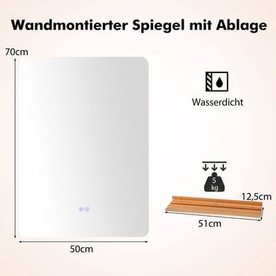 COSTWAY Led-badkamerspiegel met verlichting, 70 x 50 cm, dimbaar, met aanraakschakelaar en geheugenfunctie, 3000 K-6000 K, anti-condens, wandspiegel, rechthoekig met legplank