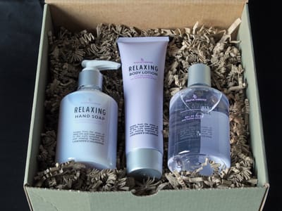 Minibox Relaxing, geschenkset, cadeau vrouw, handzeep, showergel, bodylotion, cadeau moederdag, verjaardag