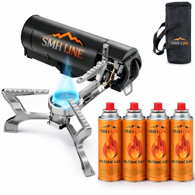 SMH LINE® Camping kooktoestel - Premium - Opvouwbaar Incl. 4x Gasflessen - Draagbaar Gasfornuis - Zwart