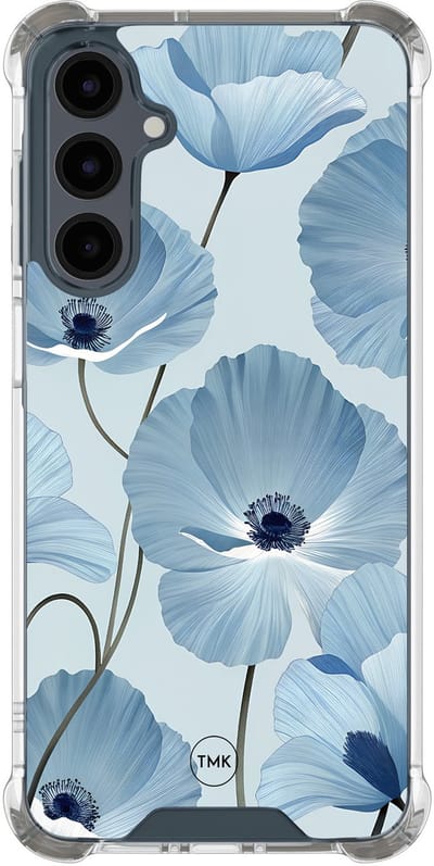 Shockproof hoesje geschikt voor Samsung Galaxy A17 - Blauw bloemenveld - Schokbestendig - Verhoogde randen - TPU case - Extra Sterke Back Cover - Bloemen - Transparant, Blauw