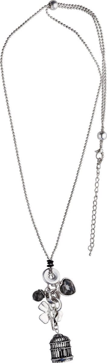 Behave - Lange ketting met vogelkooi bedel - Zilverkleur, klavertje vier, hartvormige bedel - 140 cm + verlengketting