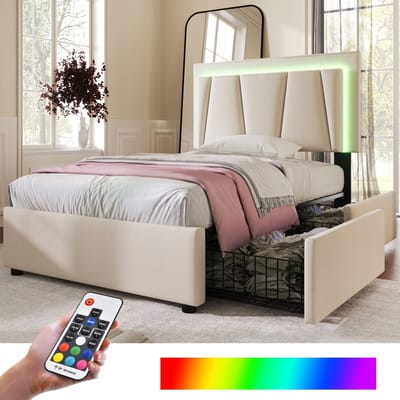 Gestoffeerd bed met ledverlichting en 2 lades, in hoogte verstelbaar hoofdeinde, eenpersoonsbed 90x200cm, bedframe met opbergruimte, lattenbodem, beige (matras niet inbegrepen)
