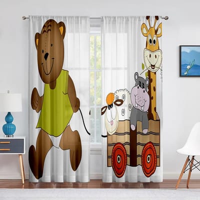 Jungle Safari Dieren Transparant Voile Gordijn voor Baby Slaapkamer Kinderkwekerij Schattige Olifant Leeuw Giraffe Tijger Raam Tule Gordijnen 1 PCS W100XH250cm&Grommet Top