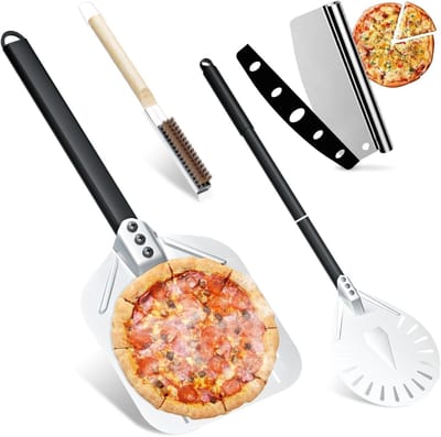Pizza-ovenaccessoires, 4 stuks pizzapaddelgereedschap, 30 cm geperforeerde pizzaschel, aluminium 22,5 cm pizza-draaischil met lange handgreep, pizzaovenborstel met schraper voor het maken van