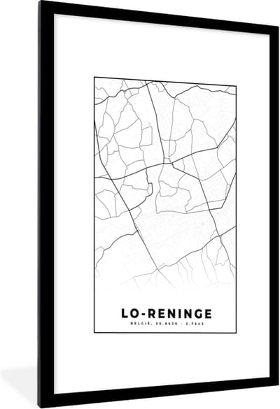 Fotolijst incl. Poster Zwart Wit- Stadskaart – Plattegrond – België – Zwart Wit – Lo Reninge – Kaart - 60x90 cm - Posterlijst