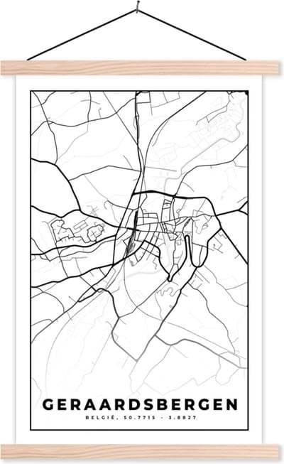 Posterhanger incl. Poster 40x60 cm - Schoolplaat - Kaart – Plattegrond – Stadskaart – Geraardsbergen – België – Zwart Wit - Textielposter - Blanke latten - Stadskaart