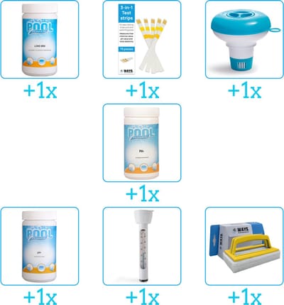 Zwembad Onderhoudspakket - Onderhoud Zwembad - bevat Chloor - Testrips - Chloordrijver - PH-min - PH-plus - Thermometer en Scrubborstel (7-delig)