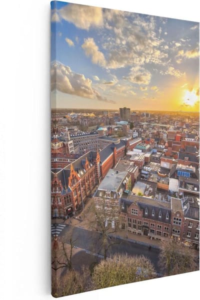 Artaza Canvas Schilderij Skyline - 20x30 cm - Klein - Wanddecoratie Zonsondergang - Muurdecoratie Groningen - Kamer Accessoires Stad