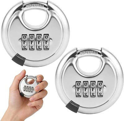 Set van 2 Ronde 4-Cijferige Combinatiesloten van RVS, Weerbestendig, Geschikt voor Fietsen en Schuren, 70 mm, Discus Hangslot met Cijfercode