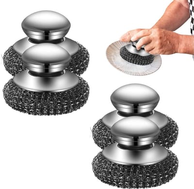 4-pack roestvrijstalen bolborstel met handvat staalwolborstel, afneembare zware afwasborstel pannenborstel voor het reinigen van keukenpotten en pannen grill gootsteen
