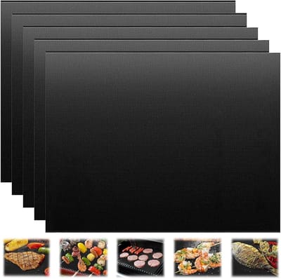 Famanu - BBQ-grillmat, set van 5 barbecuematten, anti-aanbakmat, anti-aanbak kookmatten, herbruikbare anti-aanbaklaag, anti-aanbak, hittebestendige barbecuematten voor gas- en houtskoolgrill, 40 x 33 cm, zwart