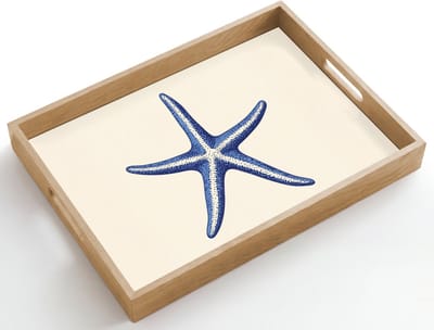 Dienblad hout 50x35 cm - Schootdienblad - Blauwe zeester - Minimalistisch - Beige - Borrelplank rechthoek - Plateau dienbladen