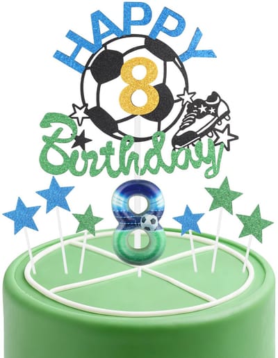 Verjaardagskaarsen Taarttoppers Set, Voetbal Nummer 8 Kaars voor Taart, Jongens 8e Verjaardag Decoraties, Blauw Groene Kaarsen Taarttoppers Voetbal Taart Decoraties voor Voetbal Thematische