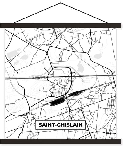 Posterhanger incl. Poster 60x60 cm - Schoolplaat - Stadskaart – Plattegrond – België – Zwart Wit – Saint Ghislain – Kaart - Textielposter - Zwarte latten - Stadskaart