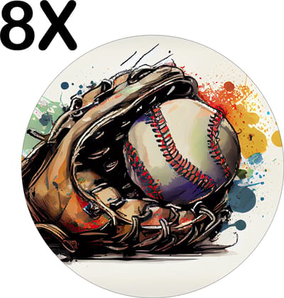 Luxe Ronde Placemat - Getekende Honkbal Handschoen - Set van 8 Placemats - 50x50 cm - 2 mm dik Vinyl - Anti Slip - Afneembaar