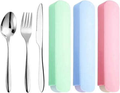 3 Sets Herbruikbaar Bestek met Etui, Roestvrijstalen Bestekset met Vork, Lepel en Mes, Draagbaar en Lichtgewicht voor Reizen, School en Kamperen