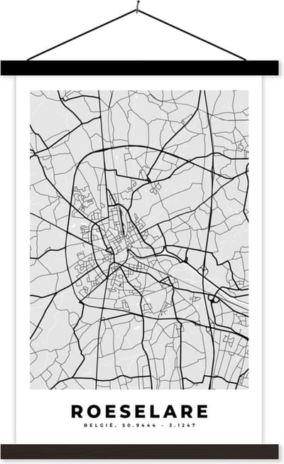 Posterhanger incl. Poster 40x60 cm - Schoolplaat - Stadskaart – Plattegrond – België – Zwart Wit – Roeselare – Kaart - Textielposter - Zwarte latten - Stadskaart