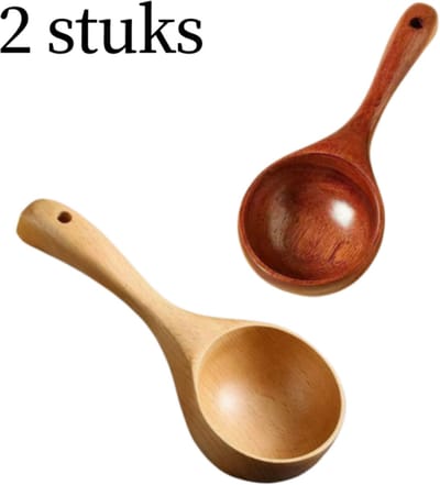Houten soeplepel set van 2 - groot model - antislip - voor noedelsoep - 21x3,5 cm - naturel en bruin