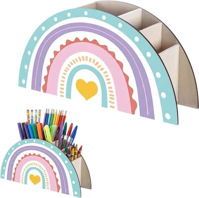 pennenhouder kinderbureau-organizer, houten regenboogpennen, organizer, bureauorganizer met 5 vakken, voor thuis, kantoor, klaslokaal, organisatie (gele hart)