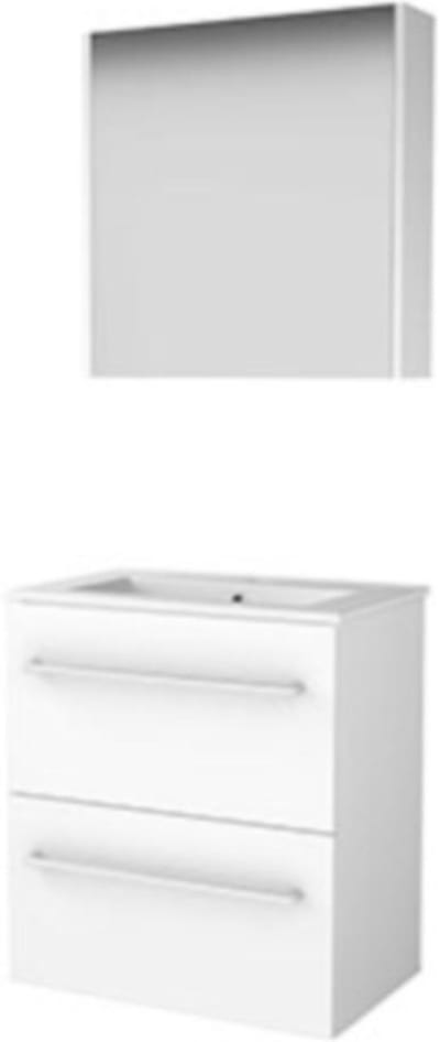 Basic-Line Comfort 39 Badkamermeubelset - Ondiep - 60 x 39 cm - Met Grepen - 2 Lades - Keramische Wastafel - 1 Kraangat - Spiegelkast - Ice White