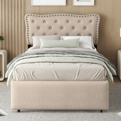 VVBV Gestoffeerd Opbergbed 90x200 cm met Bureau, Lades - Beige