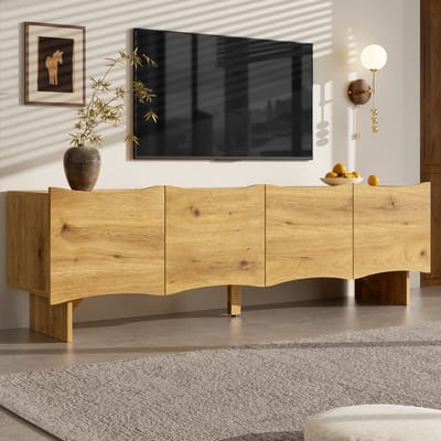 PHOEBE CAT TV kast - Golvend ontwerp - 155 cm breed - 4 deuren - Houteffectafwerking - Natuurlijke
