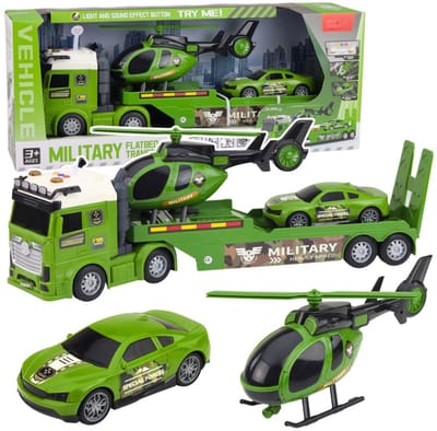 Playos® - Militaire set met Voertuigen - Groen - Transportwagen, Helikopter en Sportwagen - met Licht en Geluid - Transportwagen - Voertuig - Speelgoedvoertuig - Militair