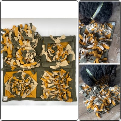 Snuffelmat Challenge in de kleuren legergroen, okergeel en creme. ShukoSnuff by MadeByShuko - Snuffelmat voor honden en katten. Hersenwerk voor huisdieren - Snuffelmat - snuffelkleed - speelkleed - hondenpuzzel - brainwork - hondenspeelgoed