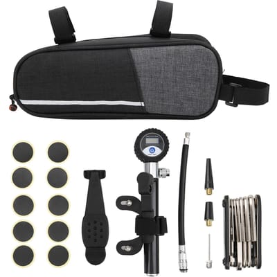 Kit d'outils de réparation de pneu de vélo portable d'extérieur Pompe numérique Buse Patchs Clés de réparation Ensemble black