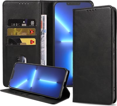 Smartphonica iPhone 13 Pro Max kunstleren hoesje met magnetische sluiting en pashouders book case - Zwart geschikt voor iPhone 13 Pro Max