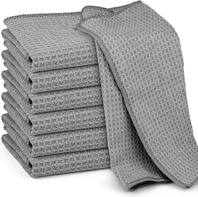 Wafelstructuur microvezeldoek, 6 stuks absorberende stofdoeken, schoonmaakdoeken voor glas, ramen, servies, keuken, huishouden en auto, herbruikbare en wasbare schoonmaakdoekjes, grijs,25*25cm