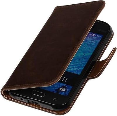 Zakelijke Book Case Telefoonhoesje Geschikt voor de Samsung Galaxy J1 J100F - Portemonnee Hoesje - Pasjeshouder Wallet Case - Mocca