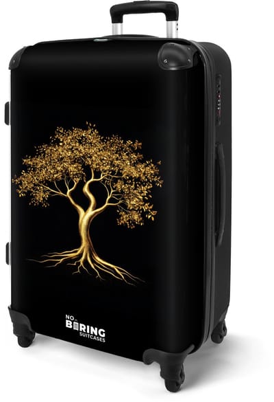 NoBoringSuitcases.com® - Koffer groot - Rolkoffer lichtgewicht - Zwart met gouden boom - Vakantie reiskoffer met 4 wielen - Grote trolley XL - Travel suitcase large - 20 kg bagage - Ruimbagage medium met TSA slot