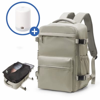 SyncGear Vacuüm Rugzak - Met Compressie Apparaat - Geschikt voor Handbagage 40x30x20 - Neem Circa 50% Meer Spullen Mee - Kleur: Taupe