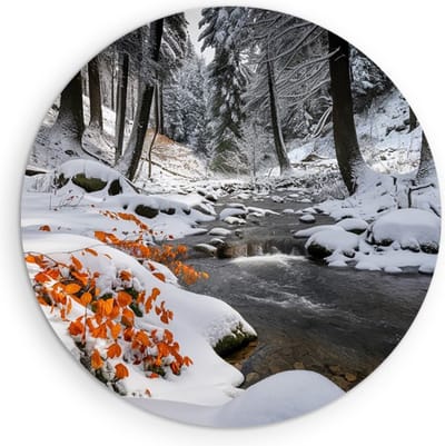 Saammp Muurcirkel Hout - Beekje in de winter - Bloemen - Landschap - Natuur - Ø 90 - Wandcirkel - Wanddecoratie Cirkel - Muurdecoratie Woonkamer - Slaapkamer decoratie - Rond Schilderij