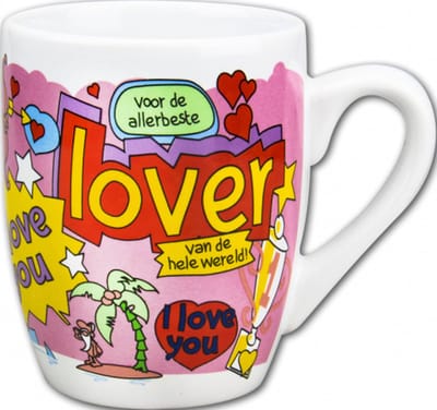 Mok - Snoep - Voor de allerbeste lover - Cartoon - In cadeauverpakking met gekleurd krullint