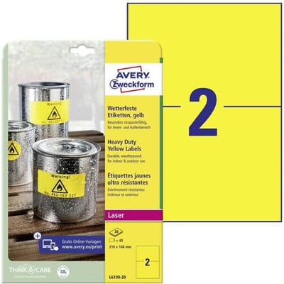 Avery-Zweckform L6130-20 Folie-etiketten 210 x 148 mm Polyester folie Geel 40 stuk(s) Permanent hechtend Laser (kleur),