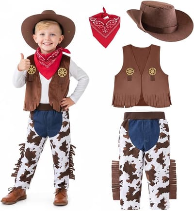 Cowboy Kostuum voor Kinderen, Fantasiekleding voor Jongens en Meisjes, Inclusief Rode Bandana en Hoed, Perfect voor Feestjes en Verkleedpartijen