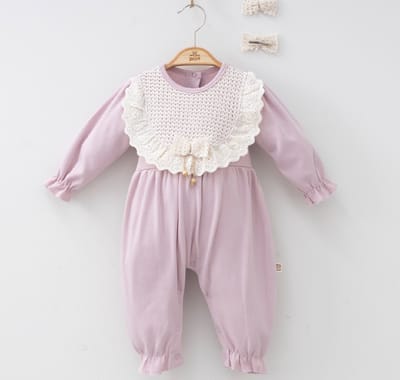 Baby Babykleding Babykleertjes Rompers & Boxpakken Boxpakjes Babykleding meisje - Boxpakje - 2-delig- Jumpsuit Baby -oud rose - Met drukknoopjes - Maat 62 - haarspeldjes baby - kraamcadeau