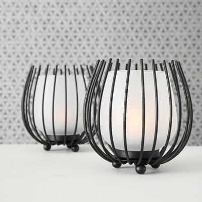 Boltze Home Windlichten Set van 2 - Zwart Metaal & Mat Wit Glas - Waxinelichthouders - Industrieel - Theelichthouders - Ø12 x H12 cm