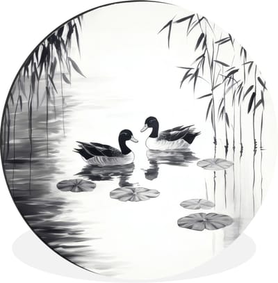 WallCircle - Wandcirkel - Muurcirkel - Eenden - Waterlelies - Riet - Zwart - Aluminium - Dibond - 30x30 cm - Binnen en Buiten