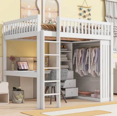 MEUNIQ hoogslaper 140x200 cm met bureau, kledingkast, 3 lades, open opbergruimte, trap en uitvalbeveiliging, voor kinderkamer, wit