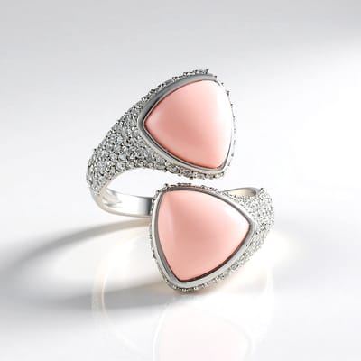 Cavill - Zilveren Verstelbare Ring met 4,839 ct Roze Opalen Triljant Cabochon & 1,901 ct Cambodjaanse Zirkonia's - Elegant Handgemaakt Sieraad