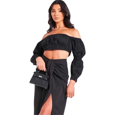 Missy Empire Dames-top met pofmouwen en Bardot-halslijn (Zwart)