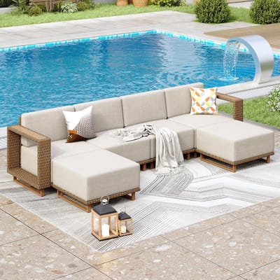 Rotan Tuinmeubelset 6-Zits Modulaire Loungeset voor Tuin & Terras – 2,81 x 1,29 x 0,67 m met Dikke Witte Kussens en Ergonomisch Design | Nicolehome