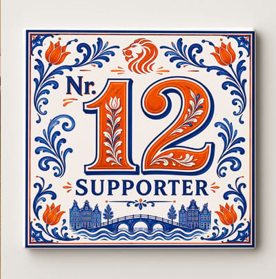 Nr. 12 Supporter Nederland Voetbaltegel – Nederlands Oranje Leeuw Design met Tulpen, Amsterdamse Brug en Delfts Blauwe Stijl – Decoratieve Keramische Cadeautegel
