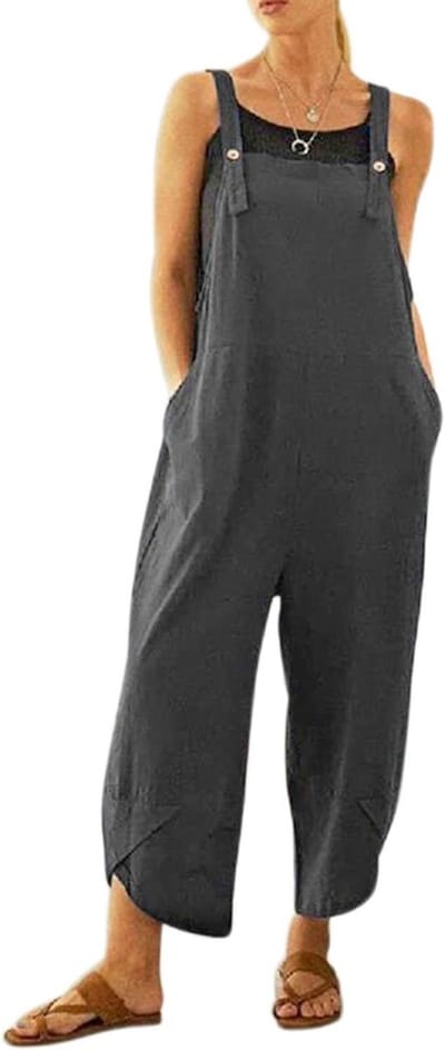 Zomerse Katoenen Linnen Dames Overall Jumpsuit met Zakken en Verstelbare Bandjes voor Comfortabele Loose Fit