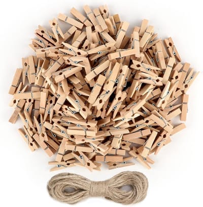 Set van 200 Mini Houten Wasknijpers met 10 Meter Jute Touw voor Foto's en Knutselprojecten